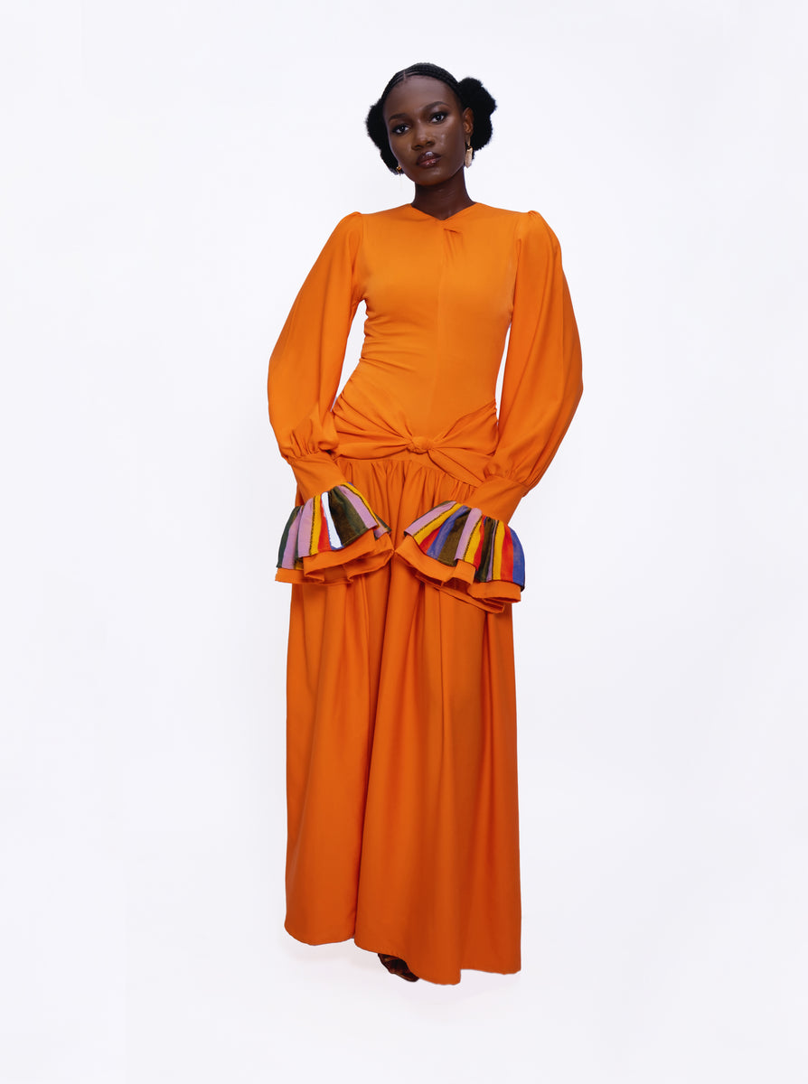 orange dress flowy Ruched Off-Shoulder Mesh-Sleeve Mermaid Maxi Dress - Black main image 1
